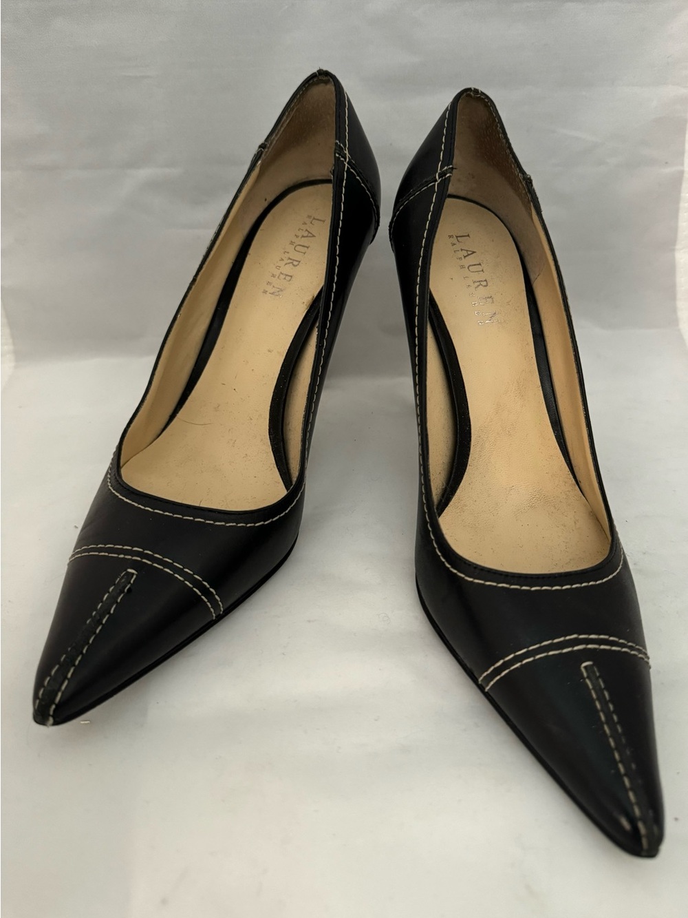 Lauren Ralph Lauren Black Leather Pointed-Toe Heels with Contrast Stitching